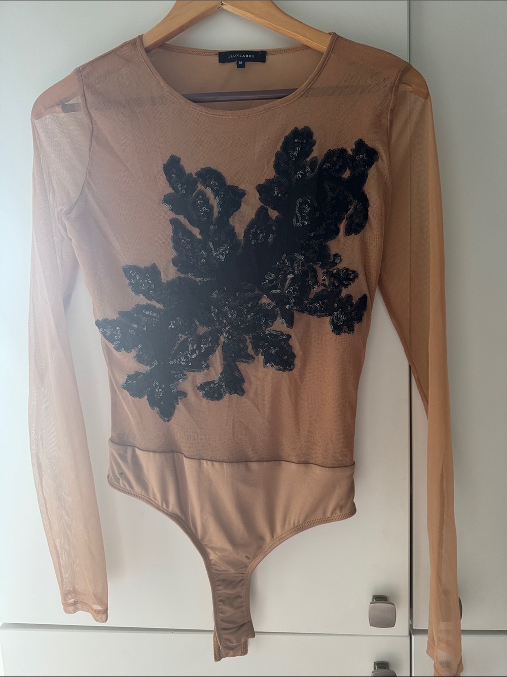 JLUXLABEL Tan Mesh Long-Sleeve Bodysuit with Black Appliqué